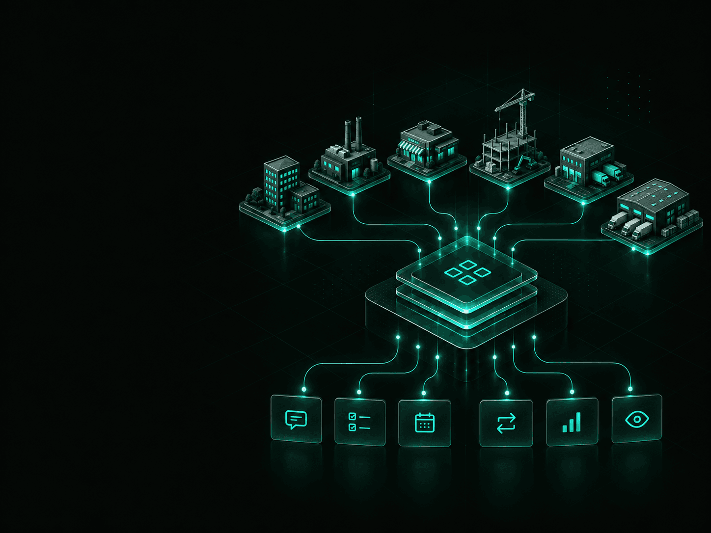 Industries and operational workflows connected through a Web Inventix AI automation system