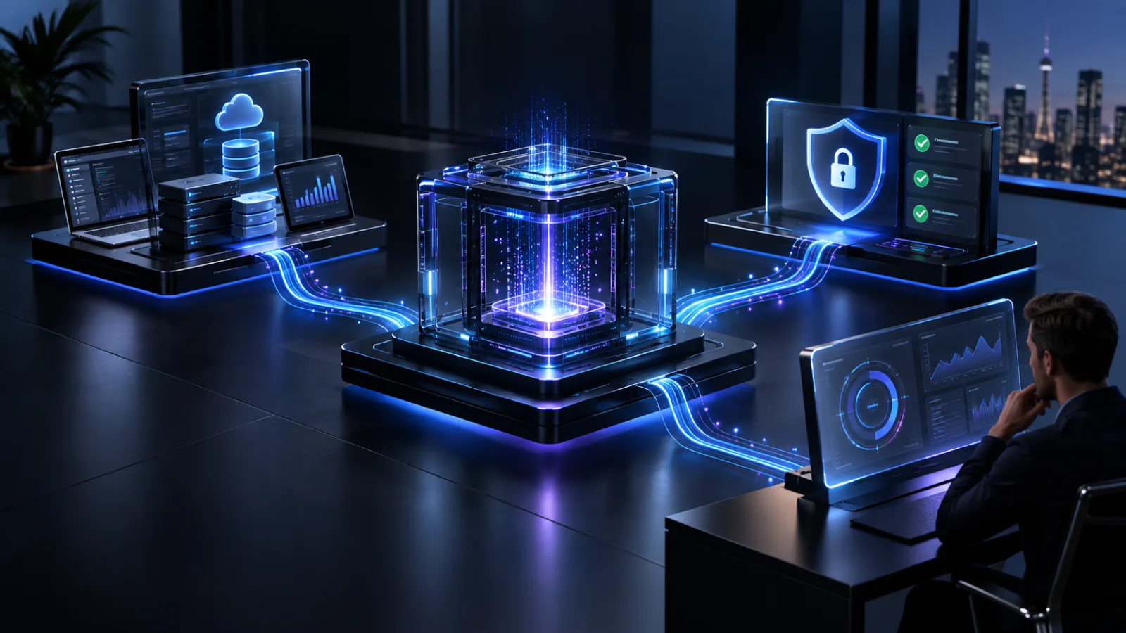 AI operations hub connecting business systems, security controls and human oversight