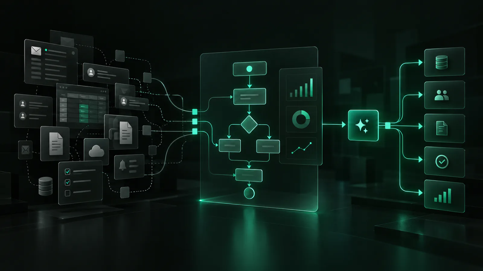 Business workflow connected to AI and automation systems
