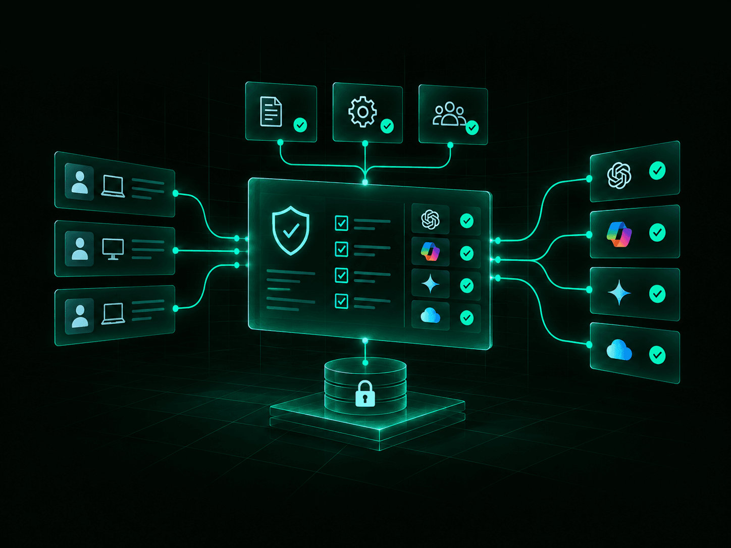 Business AI framework connecting users, approved information, AI tools and secure data.