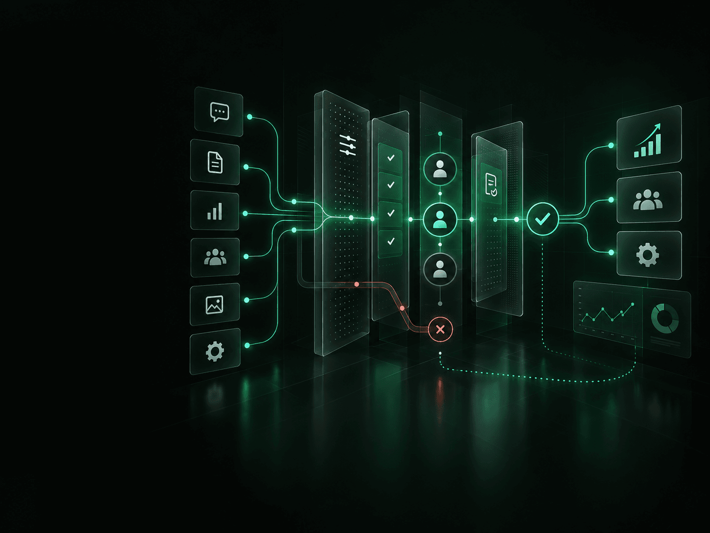Business data and users passing through layered AI governance checks before approved operational outputs.
