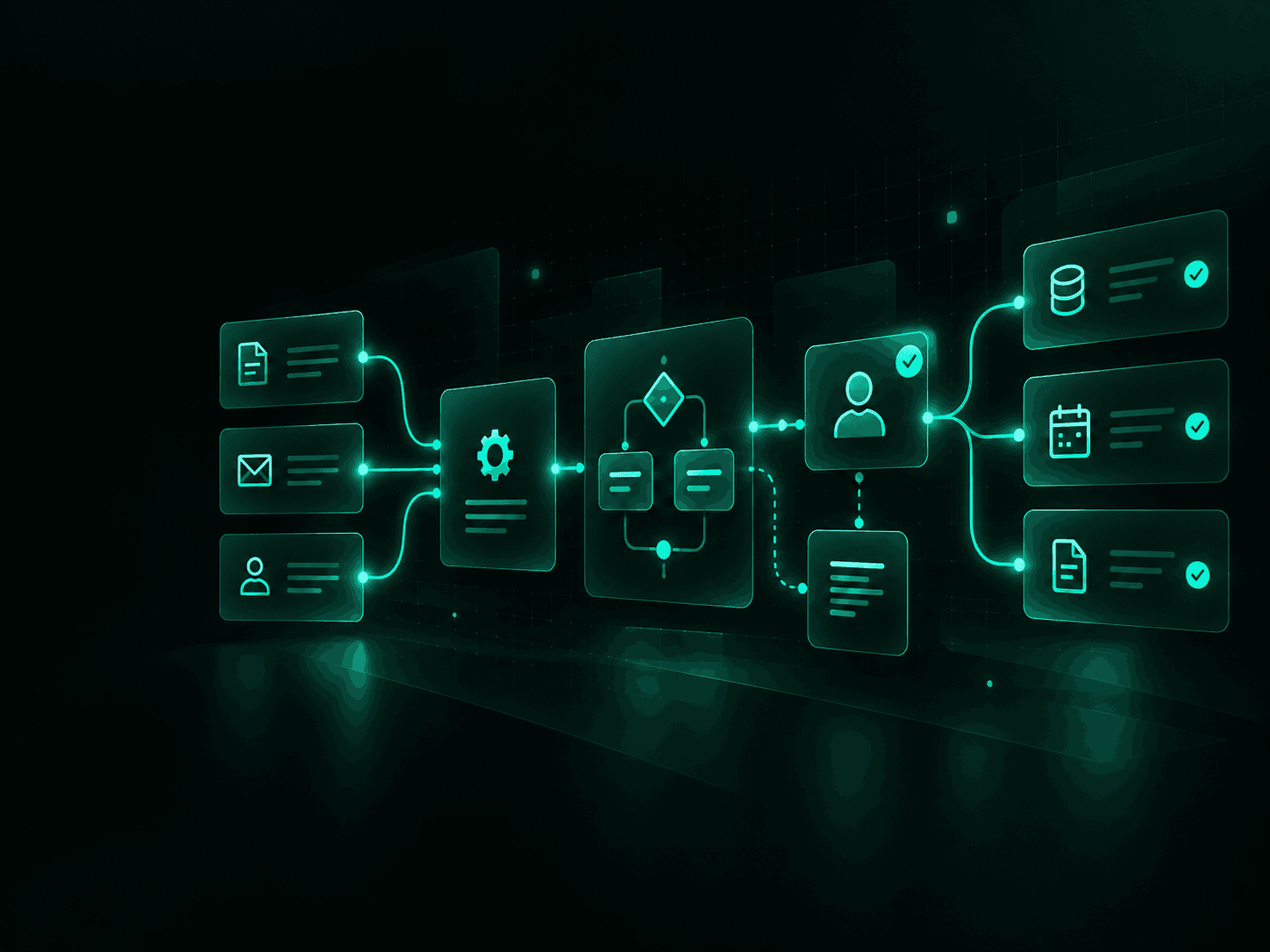 Documents, messages and customer information moving through an automated workflow to connected business systems.