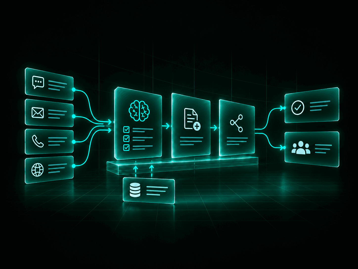 AI customer support workflow connecting customer channels, approved knowledge, system actions and human escalation.