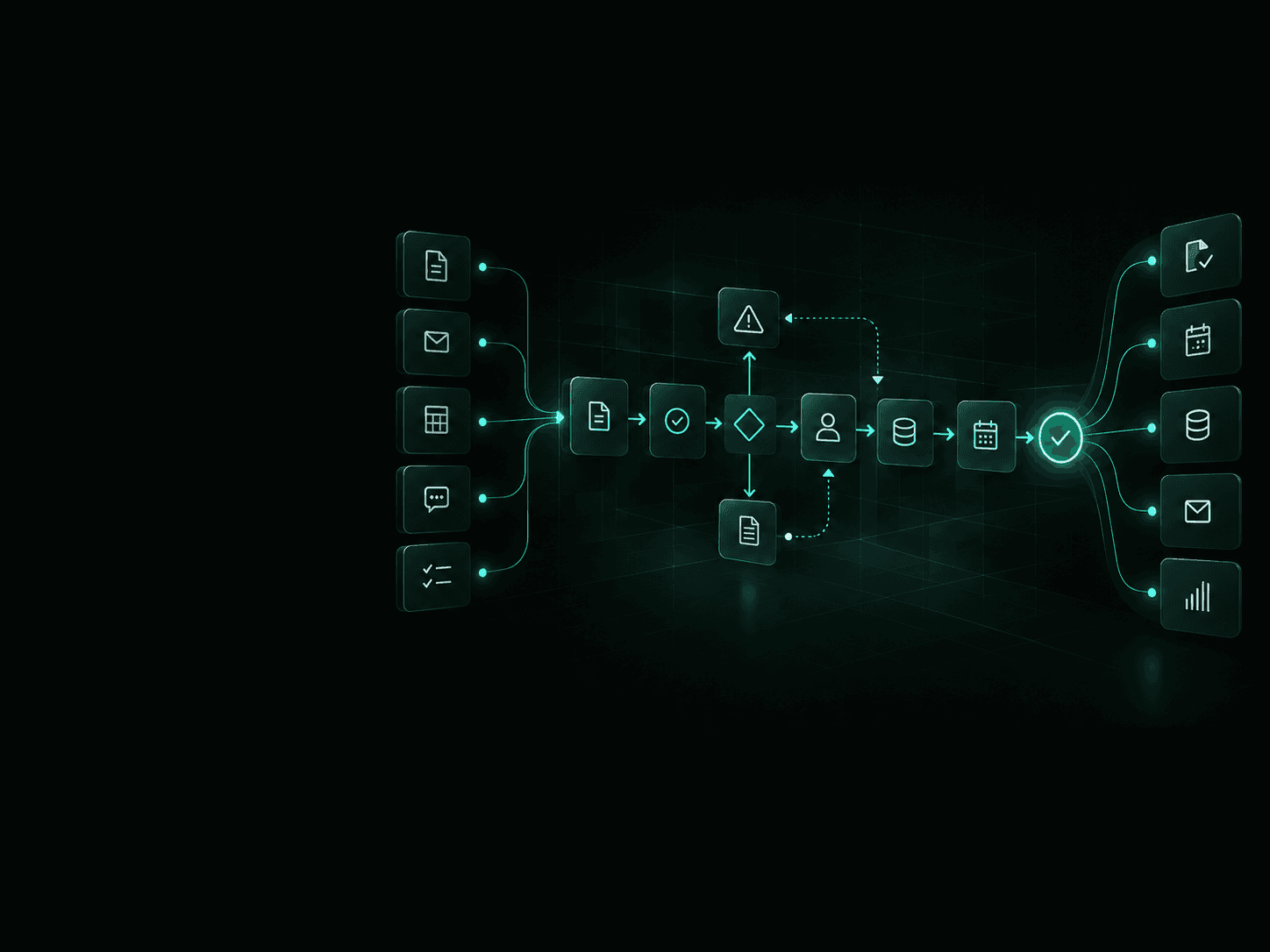 Operations automation workflow connecting requests, systems, approvals, tasks and business updates.
