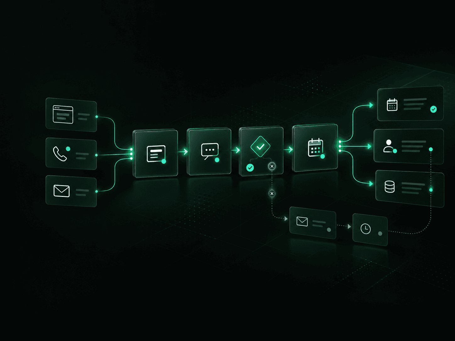 Sales lead automation workflow connecting enquiries, qualification, routing, booking and CRM follow-up.
