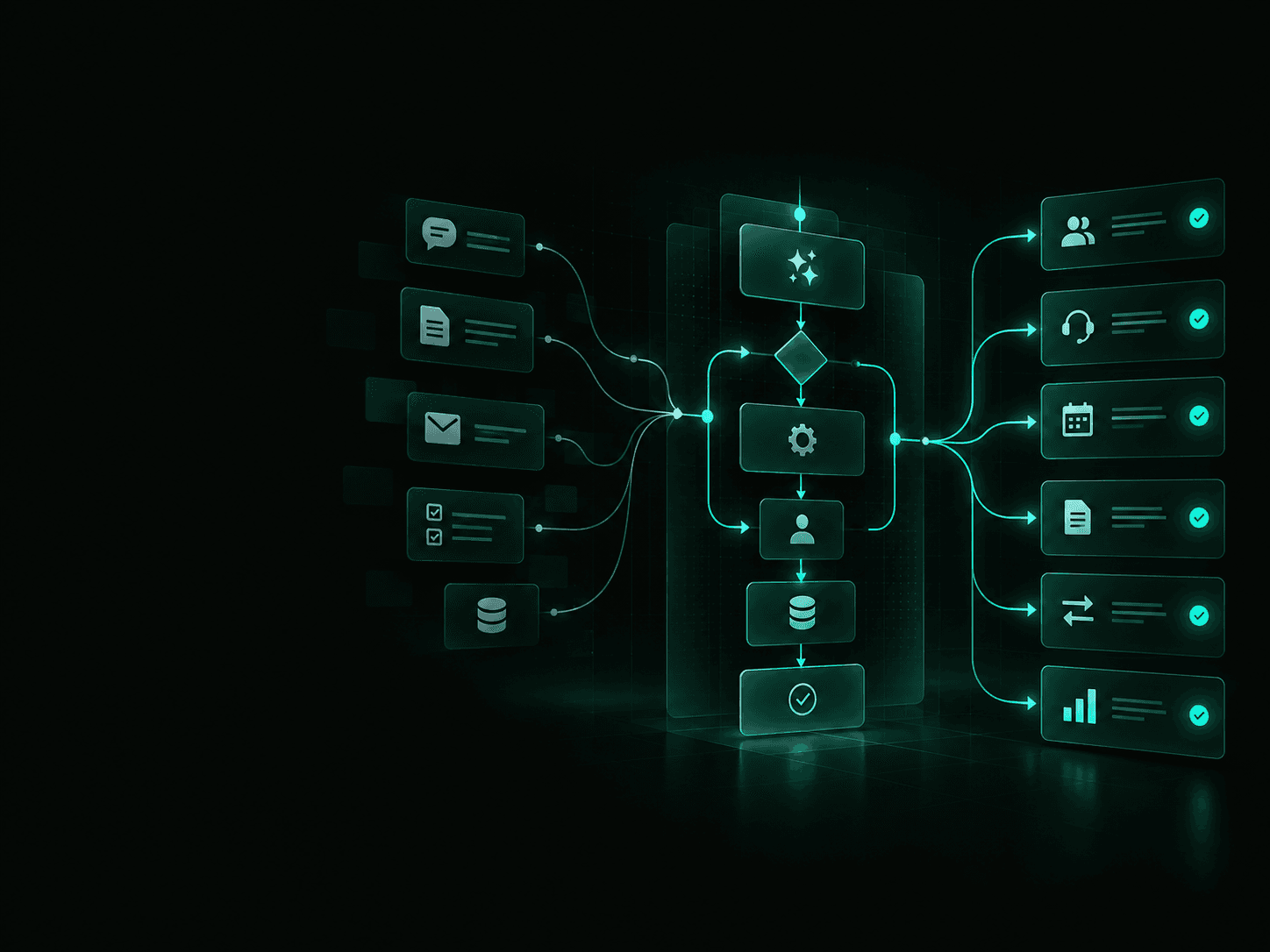 Messages, documents and data flow through an automated workflow to people, support, scheduling and reporting.