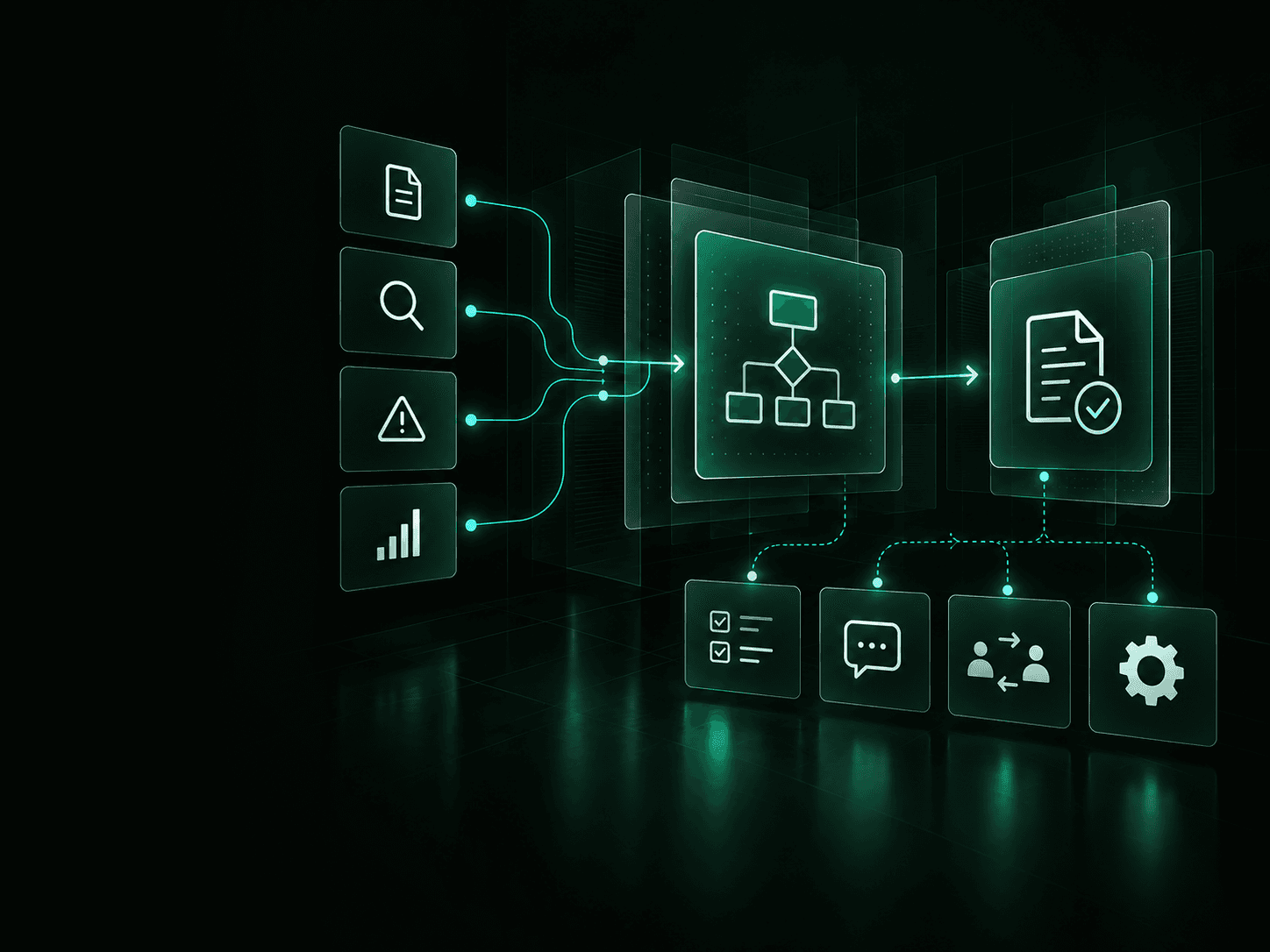 SOP and process modernization workflow connecting people, documented steps, systems and automation opportunities.